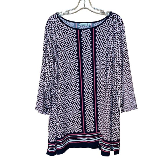Croft & Barrow Womens 3X Geometric Print Tunic Top Button Detail Navy Pink - Picture 1 of 6